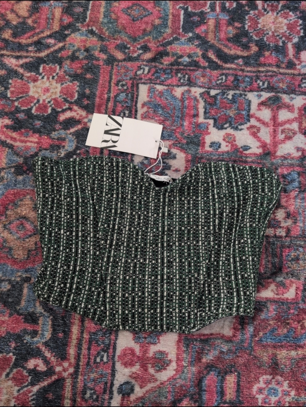 NWT Zara Green Tweed Strapless Corset Top